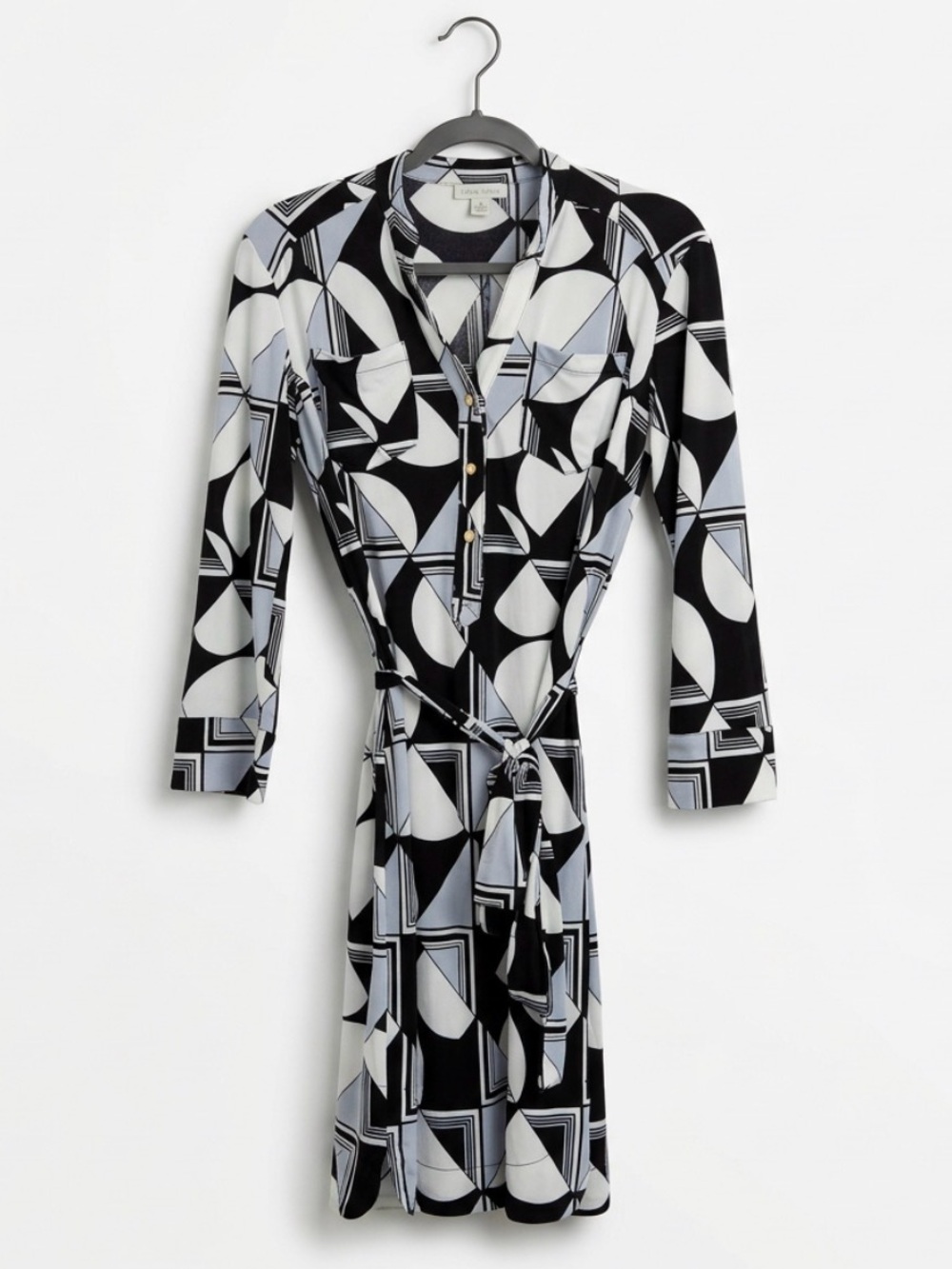 DONNA MORGAN DRESS GEOMETRIC PRINT BELTED BLACK WHITE BUTTON DOWN CLASSY